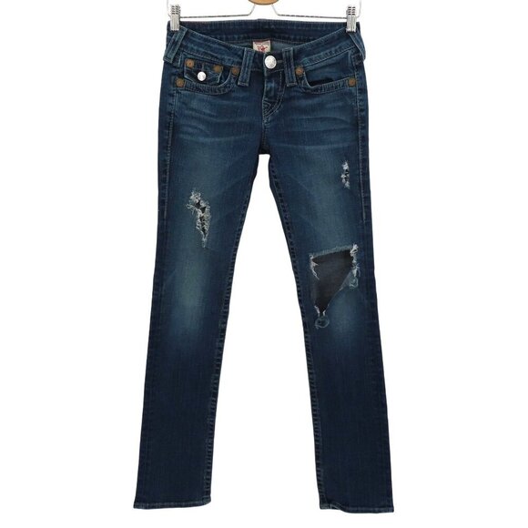 True Religion Women 26 Billy Big T Medium Wash Blue Distressed Torn Denim Jeans - Picture 1 of 16